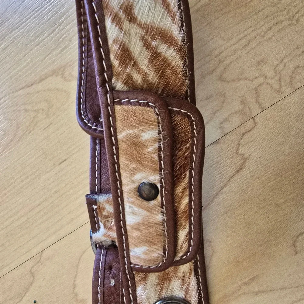 Western Calf Hair Faux‎ Leather Belt with Pouches Tan White Silver Buckle 32in